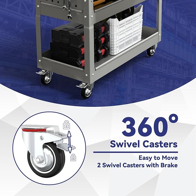 3 Tier Rolling Tool Cart with Drawer, 450 LBS Heavy Duty Utility Cart on Wheels, Service Cart for Garage, Workshop and Warehouse (Gray)