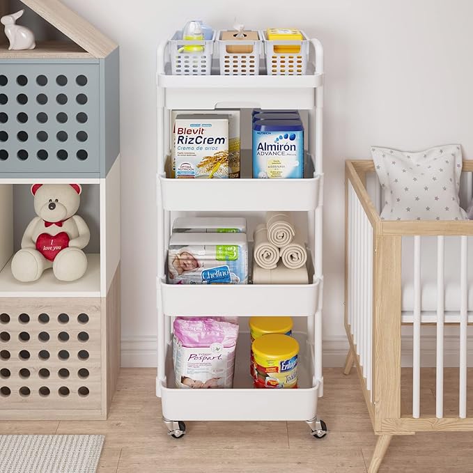 Calmootey 4-Tier Rolling Utility Cart with Drawer,Multifunctional Storage Organizer with Plastic Shelf & Metal Wheel,Storage Cart for Kitchen,Bathroom,Living Room,Office,White