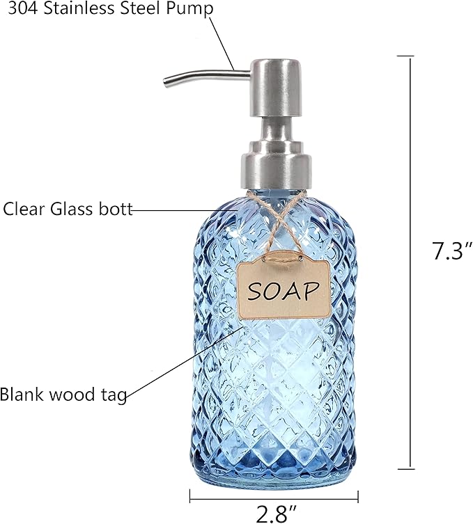 Bathroom & Kitchen Glass Hand and Dish Soap Dispenser with 304 Rustproof Stainless Steel Pump (Blue-2pack)