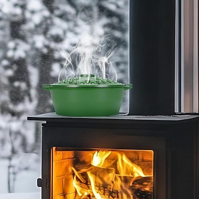 G GOOD GAIN Wood Stove Steamer - Cast Iron Stove Humidifier with Large Opening Top | Oval Bowl Fire Place Stove Pot for Home Heating Decorative | Matte Finish & 2.7 Quart, Green