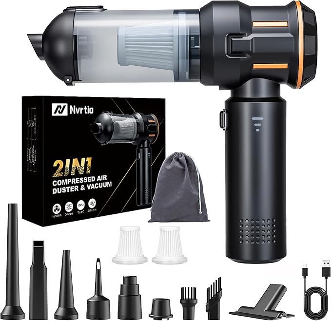 Portable Cordless Mini Car Vacuum Cleaner 16KPa - 80000RPM Brushless Motor Handheld 4-in-1 Compressed Air Duster & Air Blower & Pump Hand Held Vacuum for Car, Home, Office, Camping, Pet