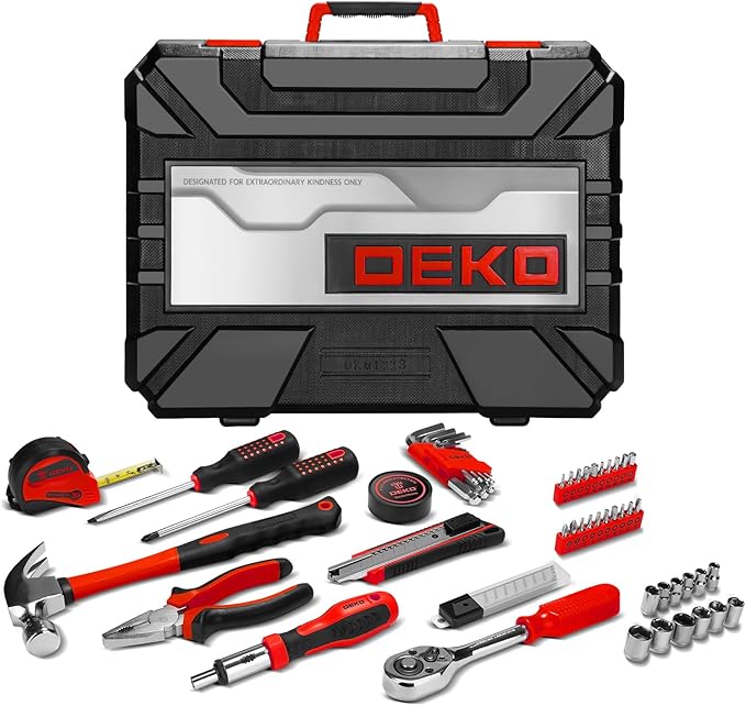 DEKOPRO Tool Set:228 Piece Home Tool Kit, Household Basic Repair Tool Set Comes with Plastic Storage Case, Socket Wrench Set for Car-Red