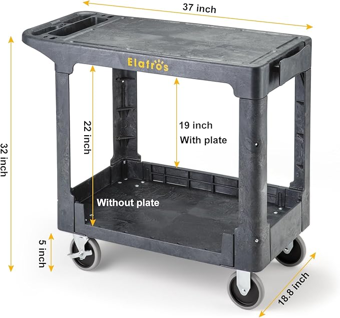 ELAFROS Heavy Duty Plastic Utility Cart Flat top 37 x 18.8 Inch - Work Cart Flat Shelves and 2 Swivel 2 Fixed Wheels Safely Holds up to 550 lbs - 2 Tier Service Cart Mail cart, Gray