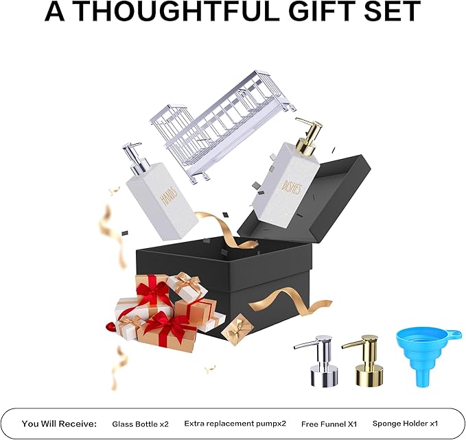 Cisily Dish Soap Dispenser, 12 fl oz Kitchen Soap Dispensers with Sponge Holder, Stainless Steel Pump Glass Kitchen Soap Dispenser Set, Hand and Dish Soap Bottle Set, Kitchen Decor Accessories