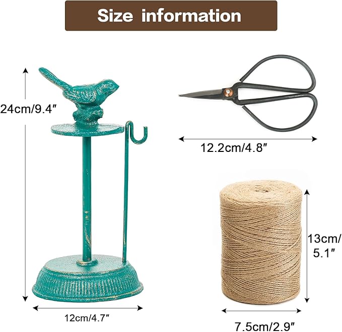 Sungmor Cast Iron Garden Twine Holder Set - 1300ft. Natural Jute Twine String & Rope Rack & Scissors - Decorative & Practical Home Arts Crafts Tools for Picture Display Gift Wrapping Packing Gardening