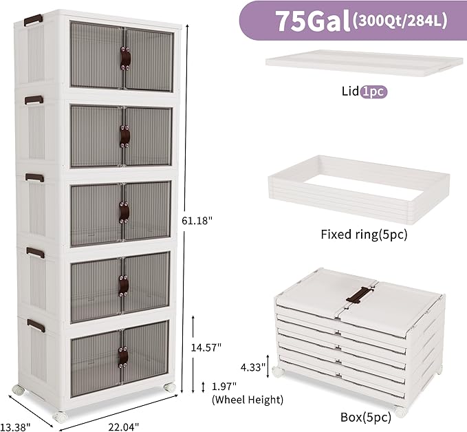 Luxdecor 300Qt Storage Bins With Lids-Stackable Plastic Storage Bins on Wheels, Closet Organizers and Storage,Collapsible Storage Cabinet with Doors for Office Garage Kitchen Under Stairs,5 Tier White