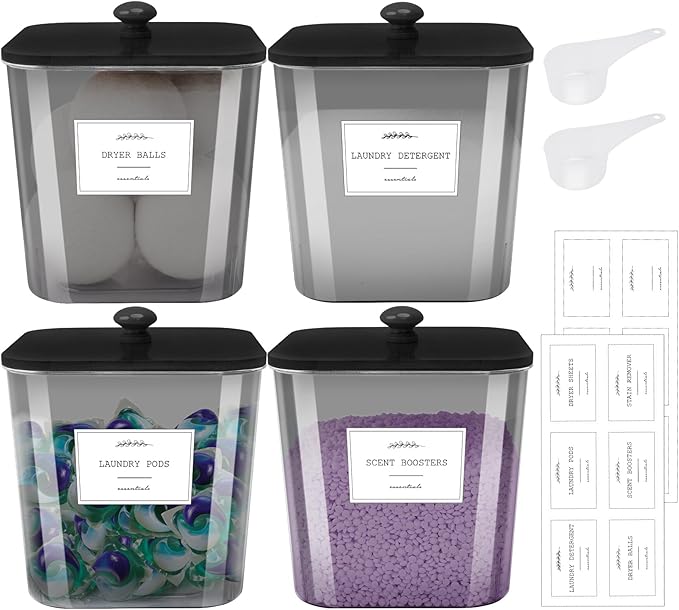 4 Pack Laundry Pods Container & Powder Detergent Jars Set, Laundry Room Organization and Storage, Black Plastic Laundry pod holder with Lids, Scoops & Labels for scent booster, Dryer Balls, Beads