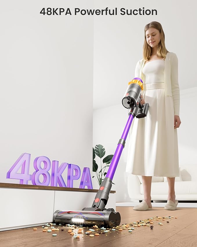Cordless Vacuum Cleaner, 580W 48KPA 70 Mins Vacuum Cleaners for Home, Self-Standing Cordless Vacuum with Charging Dock Station, LED Display, Upgraded Anti-Tangle Stick Vacuum for Pet Hair/Carpet/Floor
