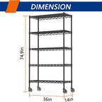 Soywey 5-Shelf Adjustable Heavy Duty Storage Shelving Unit on 4 Wheel Casters, Metal Organizer Wire Rack for Laundry Bathroom Kitchen Pantry Closet, Black