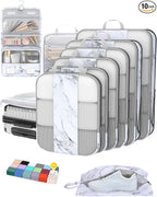10 Set Compression Packing Cubes for Travel Essentials,Compressible Expandable Packing Cubes for Suitcase,OlarHike Luggage Organizer Bags for Travel,Handy Helper for Organizing Clothes(White Marble)
