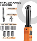 3/8" Extended Electric Ratchet Wrench Set, 45ft-lbs(61N.m) 16V Cordless Long Neck Power Ratchet Wrench Kit with 2pcs Batteries, LED Light, 9 Sockets, Toolbox, Variable Speed, For Housework, Car Repair