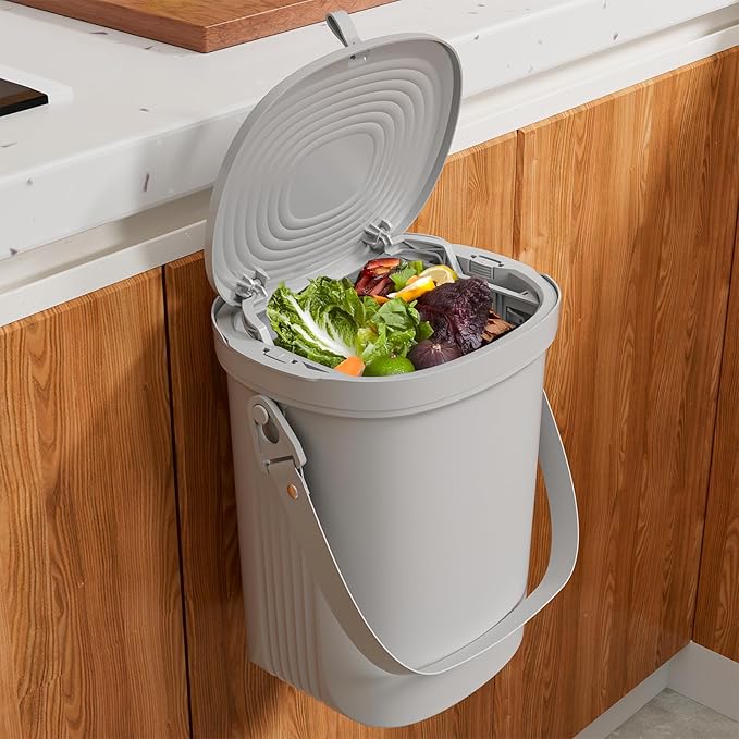 Mountable Kitchen Compost Bin for Counter Top or Under Sink, Hanging Trash Can with Lid for |Cupboard|Bathroom|Bedroom|Office|Camping, Indoor Compost Bucket, 2 Gallon Grey
