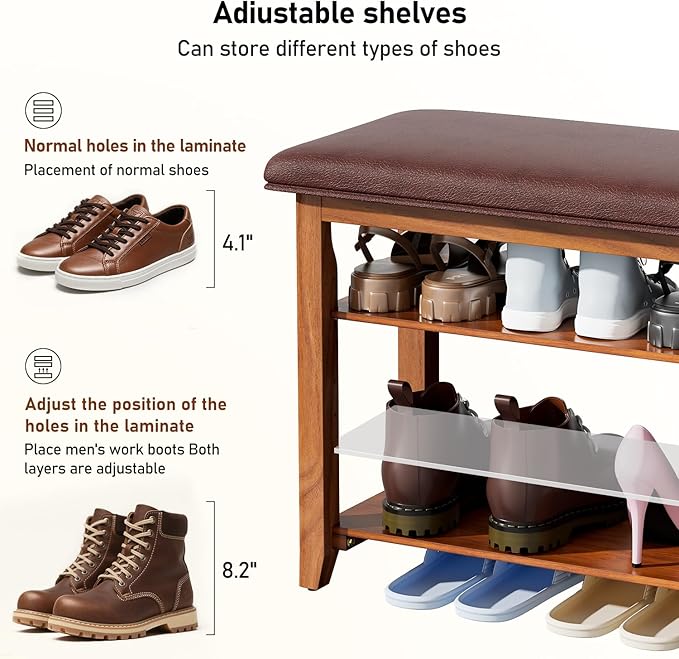 39.4“Entryway Shoe Storage Bench with Leather Cushion, Farmhouse Wooden Shoe Rack Bench with 3 Tire Under Bench Shoe Storage, Adjustable Shelf and Seating, for Hallway, Front door, Outdoor