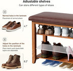 47.2“ Entryway Shoe Storage Bench with Leather Cushion, Farmhouse Wooden Shoe Rack Bench with 3 Tire Under Bench Shoe Storage, Adjustable Shelf and Seating, for Hallway, Front door, Outdoor