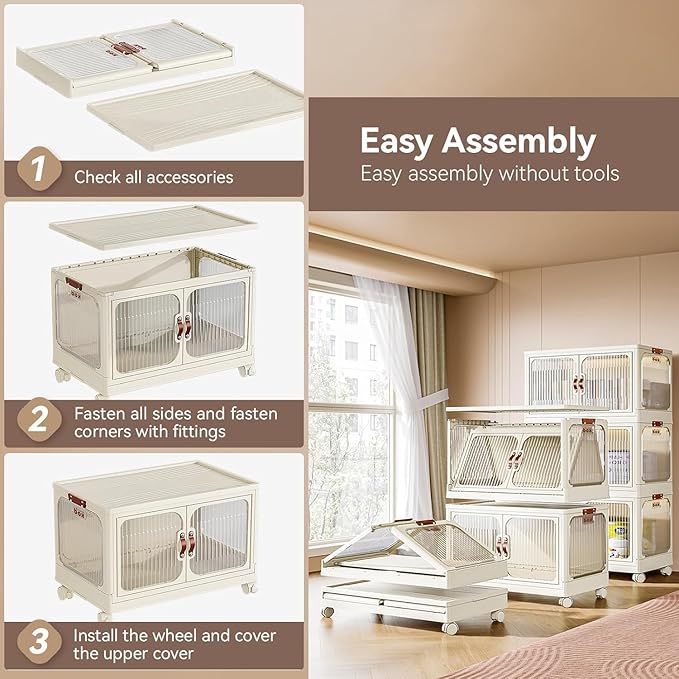 Multi-Purpose Stackable Plastic Storage Bins with Wheels & Lids - Space-Saving Foldable & Collapsible Organizers for Home, Pantry, Office, Dorm, Craft Room & Closet (3 Layers)