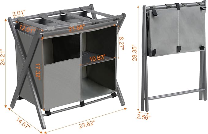Heybly Luggage Rack with Laundry Bag,Steel Folding Suitcase Stand for Bedroom, Hotel, Foldable Steel Frame, Guest Room Bedroom Hote, 23.62" L x 15.57" W x 24.21" H, Gray,HLR006G1