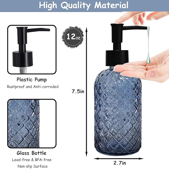 Blue Glass Dish Soap Dispenser for Kitchen, 12oz Refillable Liquid Hand Soap Dispenser Set, Crystal Lotion Bottle for Modern Home Decor, Bathroom Countertop, Hotel