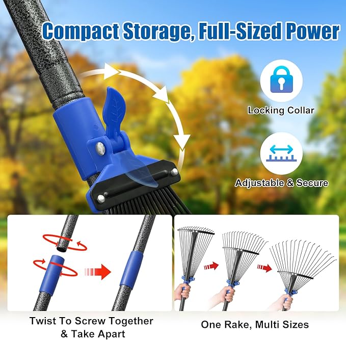 Rake for Leaves: Adjustable Metal Leaf Rake for Lawn, 8-17" Expandable Head, 45” Long Handle,Collapsible Heavy Duty Women Kids Garden Rakes for Yard Pine Needles Mulch Grass Debris Gardening Camping