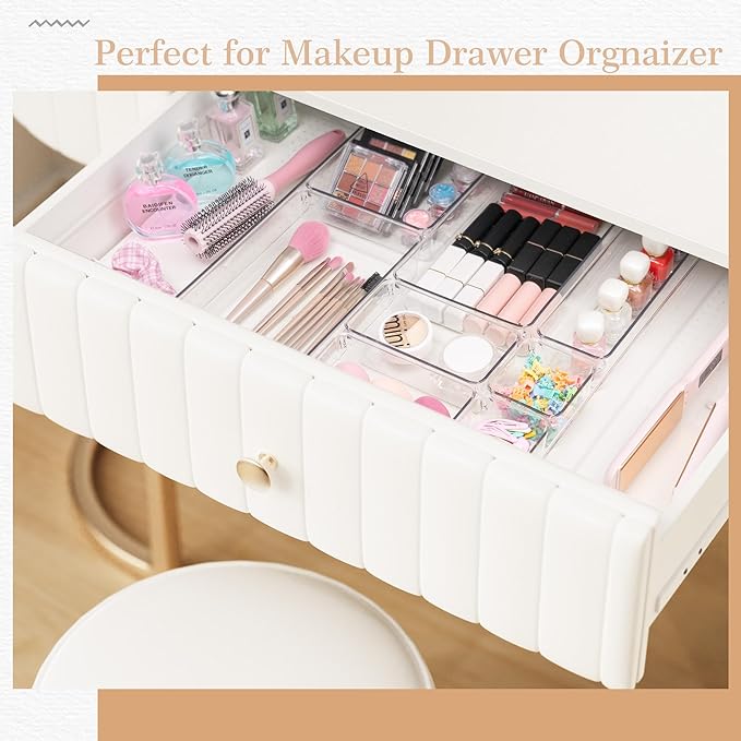 Criusia Drawer Organizer, 12 Pack Clear Plastic Kitchen Drawer Organizers Set,4-Size Versatile Bathroom and Vanity Organizer Trays,Storage Bins for Makeup, Bathroom, Jewelries and Office