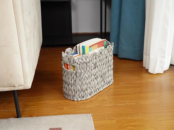 Grey Toilet Paper Storage Basket,Scalloped Baskets for Bathroom Organizers and Storage,Waterproof Plastic Wicker Basket for Bathroom,Laundry Room