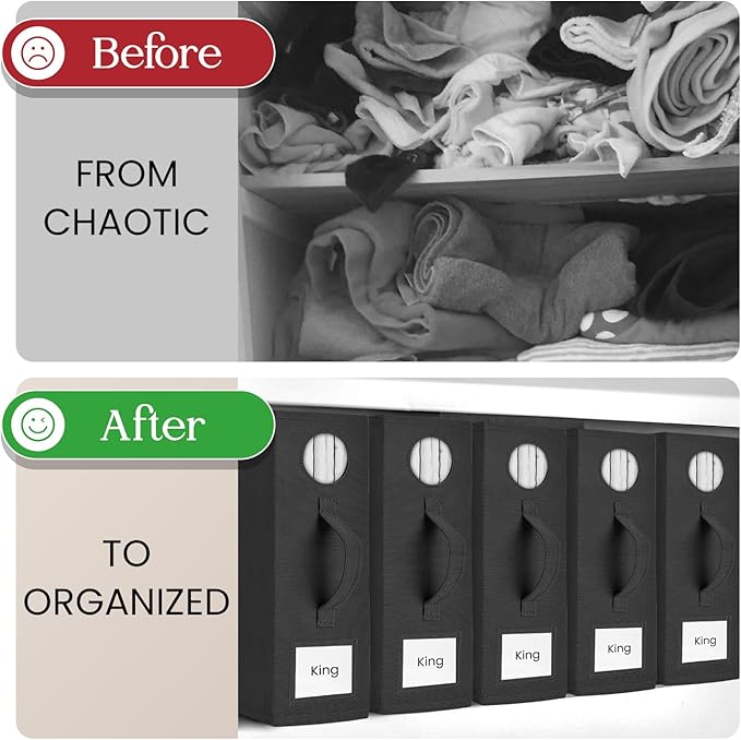 4 Pack Bed Sheet Organizer and Storage, Foldable Storage Bed Sheet Organizer for Linen Closet with Viewing Window & Label for Bedding Sheets & Blankets (Queen & King Size) Black