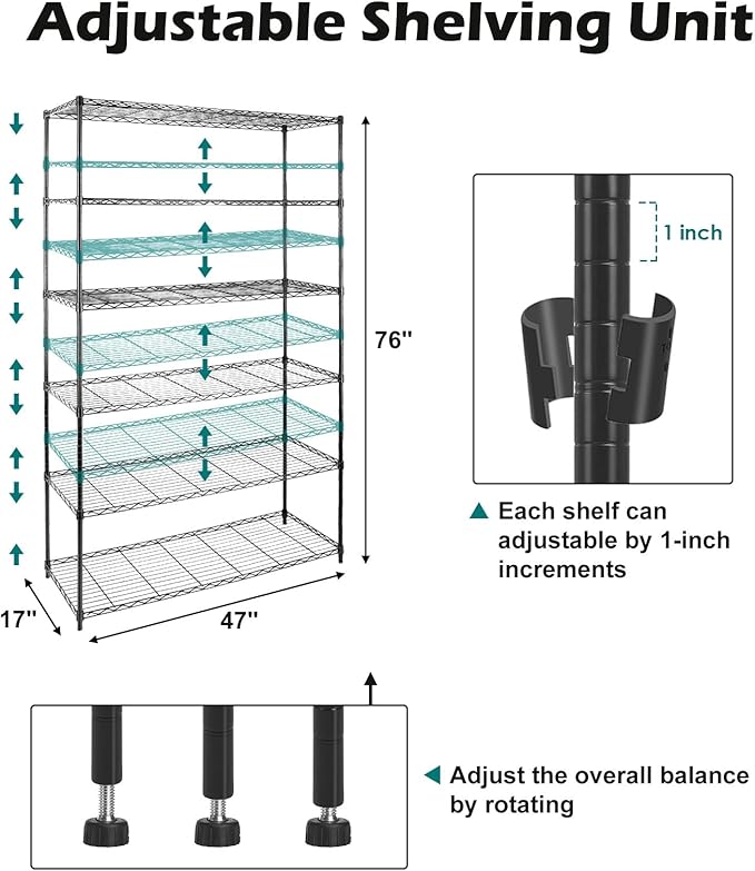 WDT NSF Certified Storage Shelves on Wheels, Heavy Duty Metal Shelves for Storage with Adjustable Stand, 6-Tier Wire Shelving Unit for Garage Pantry Kitchen Shelf Rack, 47" D x 17" W x 80" H