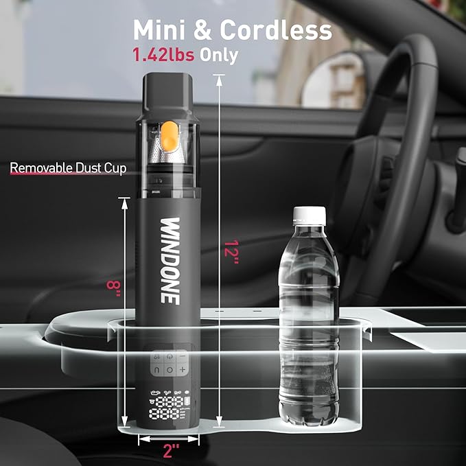 Car Vacuum, 12000Pa 2-in-1 Cleaner & Tire Inflator 150PSI, 60W Brushless Motor, Cordless Handheld Vacuum & Air Pump with Pressure Gauge, LED Light, Multi-Nozzles for Car, Home, Office