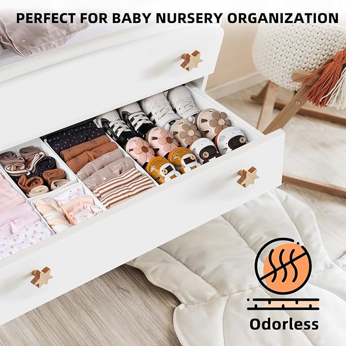 Criusia Drawer Organizer Clothes 6 Pack White- Dresser Organizer Bins for Closet Bedroom - Baby Clothes Organizers and Storage for Nursery Organization -Sock Underwear Drawer Organizer Divider