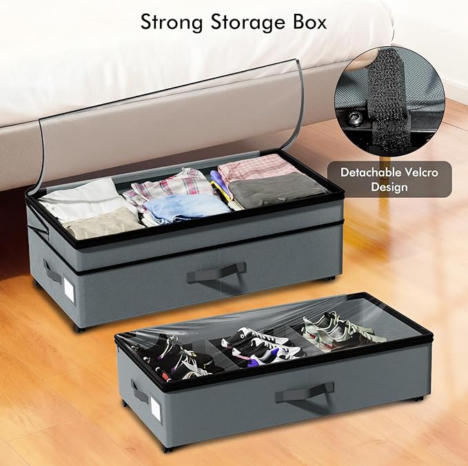 2-Pack Under Bed Storage Containers with Wheels, 75L Each Underbed Storage Organizer with Clear Handles, Collapsible Under Bed Storage Boxes for Clothes, Bedding, Max Load 80 LBS, Gray