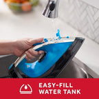 Sunbeam Steammaster Steam Iron, 1400 Watt, Large Anti-Drip Stainless Steel Nonstick Soleplate with 8' Retractable Cord, Horizontal or Vertical Shot of Steam and 3-Way Auto Shut-Off, Black/Blue