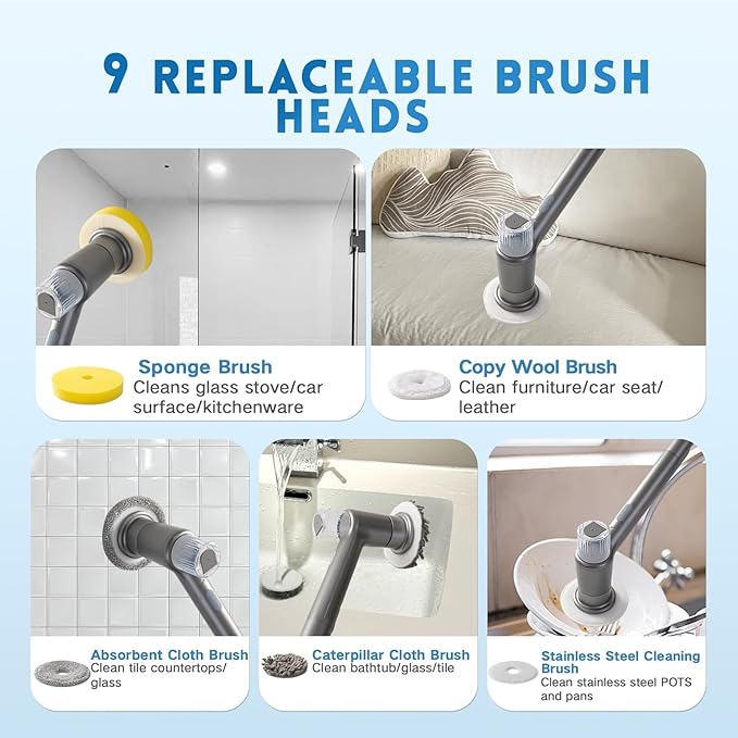 Electric Spin Scrubber,Spray with Foam Cordless Cleaning Brush, 2-Speed Shower Scrubber, Shower Cleaning Brush with 8 Replaceable Brush Heads, Adjustable Removable Handle for Bathroom, Kitchen（Gray