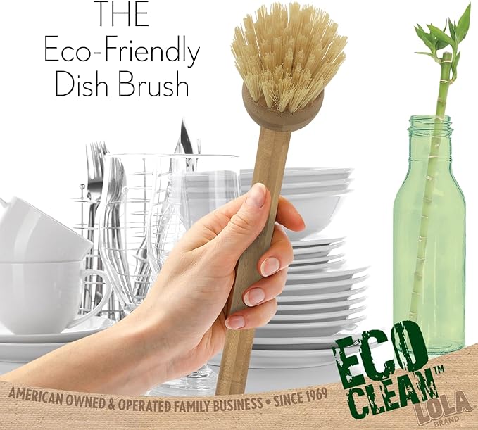 LOLA Products Eco Clean Bamboo Dish Brush | Multipurpose, Eco-Friendly | Durable Ergonomic Renewable Bamboo Handle for Maximum Cleaning Torque | Fibers Made from Recycled Soda/Water Bottles - 1 CT