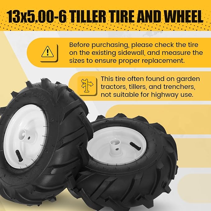 MZREXN 13x5.00-6" Tiller Tire and Wheel 2 Pack, 1" Axle Size, 3-1/8" Offset Hub, 4Ply Pneumatic, Compatible with Garden Trailer, Lug Tractor & Trencher, Tillers, and Lawn Mover Replacement Tire