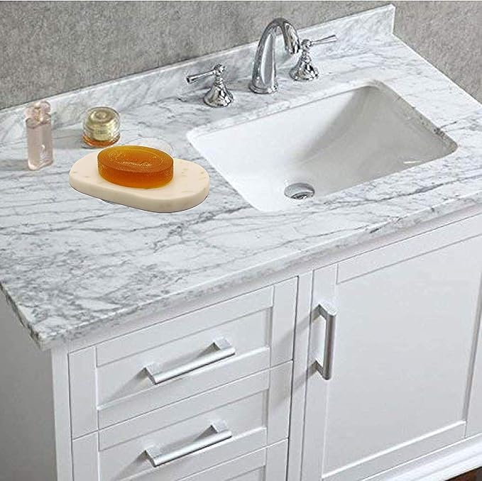 Marble Soap Dish Draining, Soap Dish for Shower, Bathroom, Sink Bath tub Dish, Soap Bar Holder, Soap Case, Holder for Sponges Hand Soap - Solid Oval Polished White