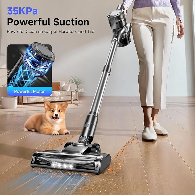 Cordless Vacuum Cleaner, 35Kpa Vacuum Cleaner for Home, 45Mins Stick Vacuum with LED Display, Anti-Tangle & Wall Mount Charging, 6 in 1 Lightweight Vacuum for Hard Floors, Carpet, Pet Hair (Black)