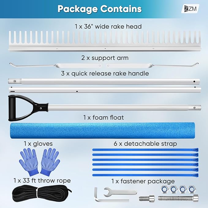 Floating Weed Lake Rake, 36" Aluminum Landscape Rake with Adjustable Handle, 33FT Rope & Float, Weed & Algae Removal of Leaves, Floating Scum, Multifunctional Detachable Aquatic Weed Rake with Gloves