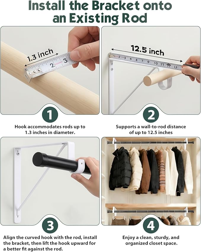 Supforce 4 Pack Closet Rod Bracket, Heavy Duty Closet Rod Support with Rod Holder, Wall Mounted Closet Shelf Brackets with Triangle Stabilizing Design for Closet, Bathroom and Kitchen, White