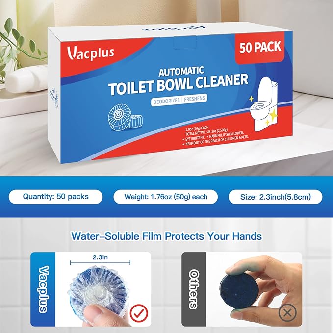 Vacplus Automatic Toilet Bowl Cleaner Tablets, Bathroom Toilet Tank Cleaner (50 PACK), VA-T165