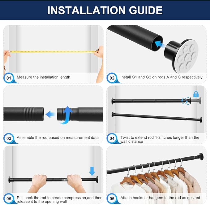 No Drilling Closet Rod, 27.5-74 Inches Hanging Closet Rod for Clothes, Closet Bar & Pole Heavy-duty, Closet Rods for Hanging Clothes For Closet Wardrobes Bathroom Laundry RV Curtains,Black