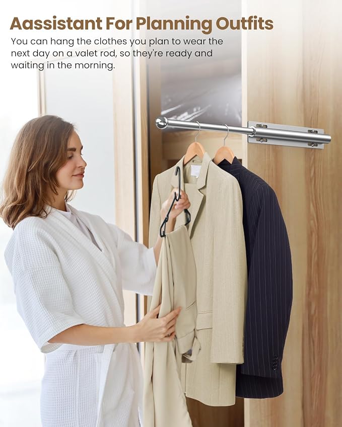 Supforce 14" Valet Rod for Closet Pull Out, Retractable Slide Out Valet Rod Closet Organization, Aluminum Valet Clothing Hanger Rods Perfect for Suits, Freshly Pressed Clothes, Polished Chrome