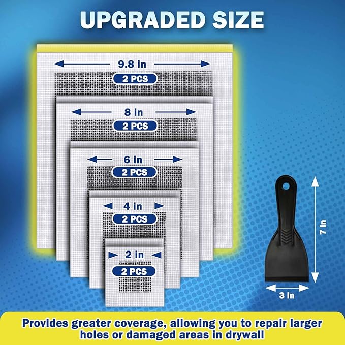 Seloom Drywall Repair Kit Upgraded Size, 2/4/6/8/10 Inch Drywall Patch Kit Large Hole, Self Adhesive Fiberglass Mesh Wall Patch Quick Repair for Damaged Drywall Ceiling