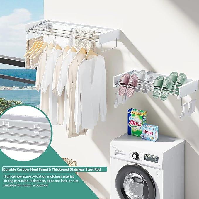 Wall Mounted Laundry Rack, Collapsible Clothes & Towel Drying Rack for Indoor & Outdoor, 60 lb Capacity, 31.5' Wide, 13.5 Linear Ft, White
