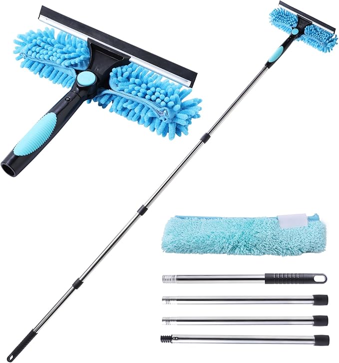Yocada 2-in-1 Window Squeegee and Scraper with 2 Microfiber Cloths Adjustable Length 180° Rotatable Head for Glass Car Bathroom Floor Tile Window Cleaning 64.96"