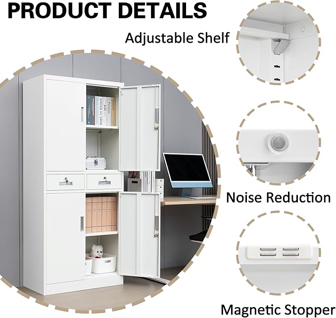 Metal Storage Cabinet with 2 Drawers 71" H,White Metal Garage Cabinets with 2 Lockable Doors and Adjustable Shelves Easy to Assemble for Home Office, Kitchen,Pantry,Garage,Warehouse