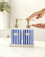 Coastal Blue & White Ceramic Soap Dispenser Set with Gold Pump – 3-Piece Bathroom & Kitchen Accessories with Tray, Refillable Lotion & Dish Soap Pump Bottles for Beach House & Nautical Décor