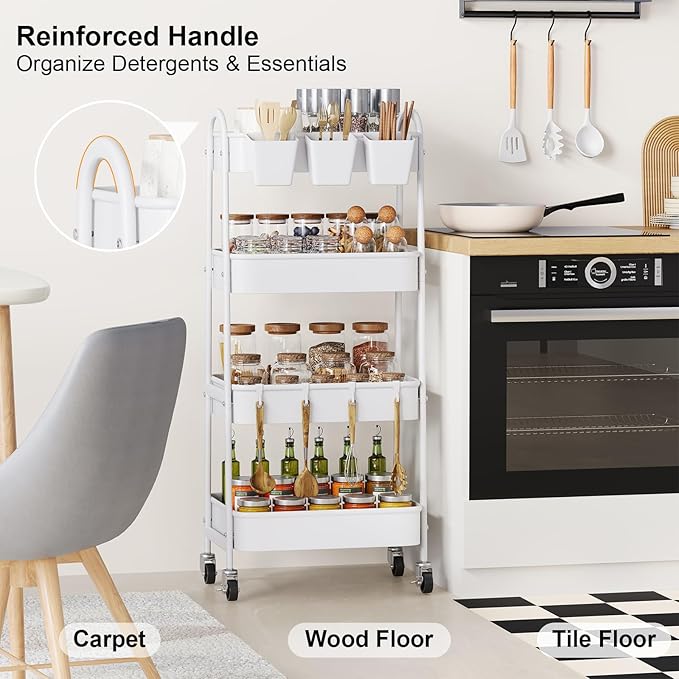 4 Tier Heavy Duty White Metal Rolling Cart with Lockable Wheels,Utility Storage Organizer Carts, Four Tier Roller Book Snack Cart for Kitchen, Bathroom, Garage, Baby Diaper, Craft, Art, Teacher