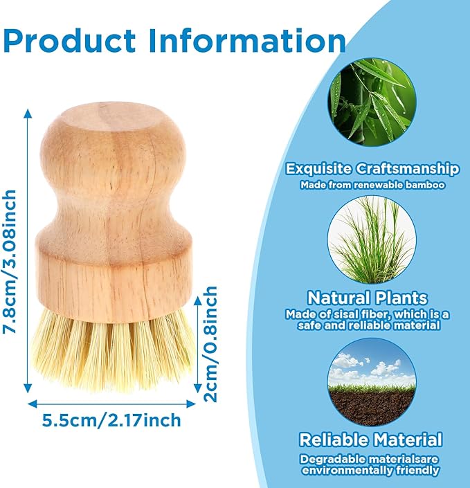 12 Packs Bamboo Dish Scrub Brushes Wooden Scrubbers Set Kitchen Dishwashing Scrubber with Natural Sisal Bristles for Iron Pot Pan Sink