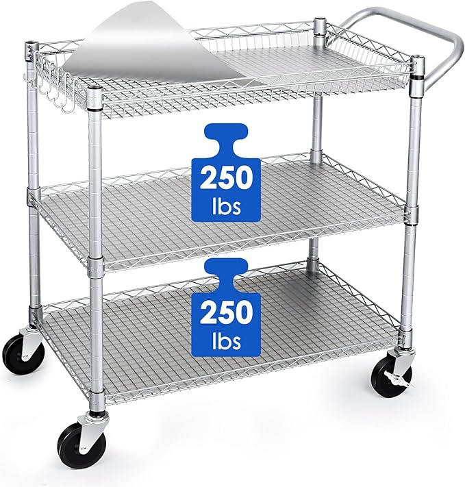 WDT Heavy Duty 3 Tier Utility Cart,Wire Rolling Carts with Wheels, Commercial Grade Service Cart with Shelving Liners and Handle Bar Metal Carts for Kitchen Office Hardware (750LBS Capacity Silver)