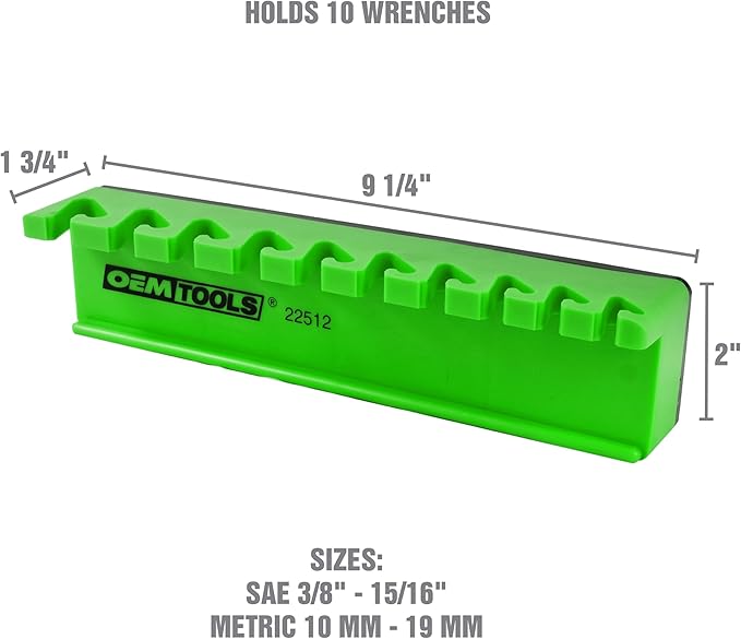 OEMTOOLS 22512 Magnetic Wrench Holder and Tool Organizer, Magnet Holds Up To 10 Wrenches To Most Metal Surfaces, SAE and Metric, 9.25 Inch Magnetic Tool Holder For Shop Or Garage, Green