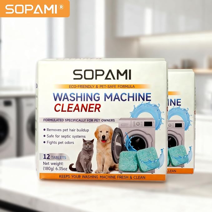 SOPAMI Washing Machine Cleaner Tablets for Pet Owners, Deep Cleaning HE Front Load and Top Load Washer, Septic Safe, Removes Stubborn Pet Hair and Odors